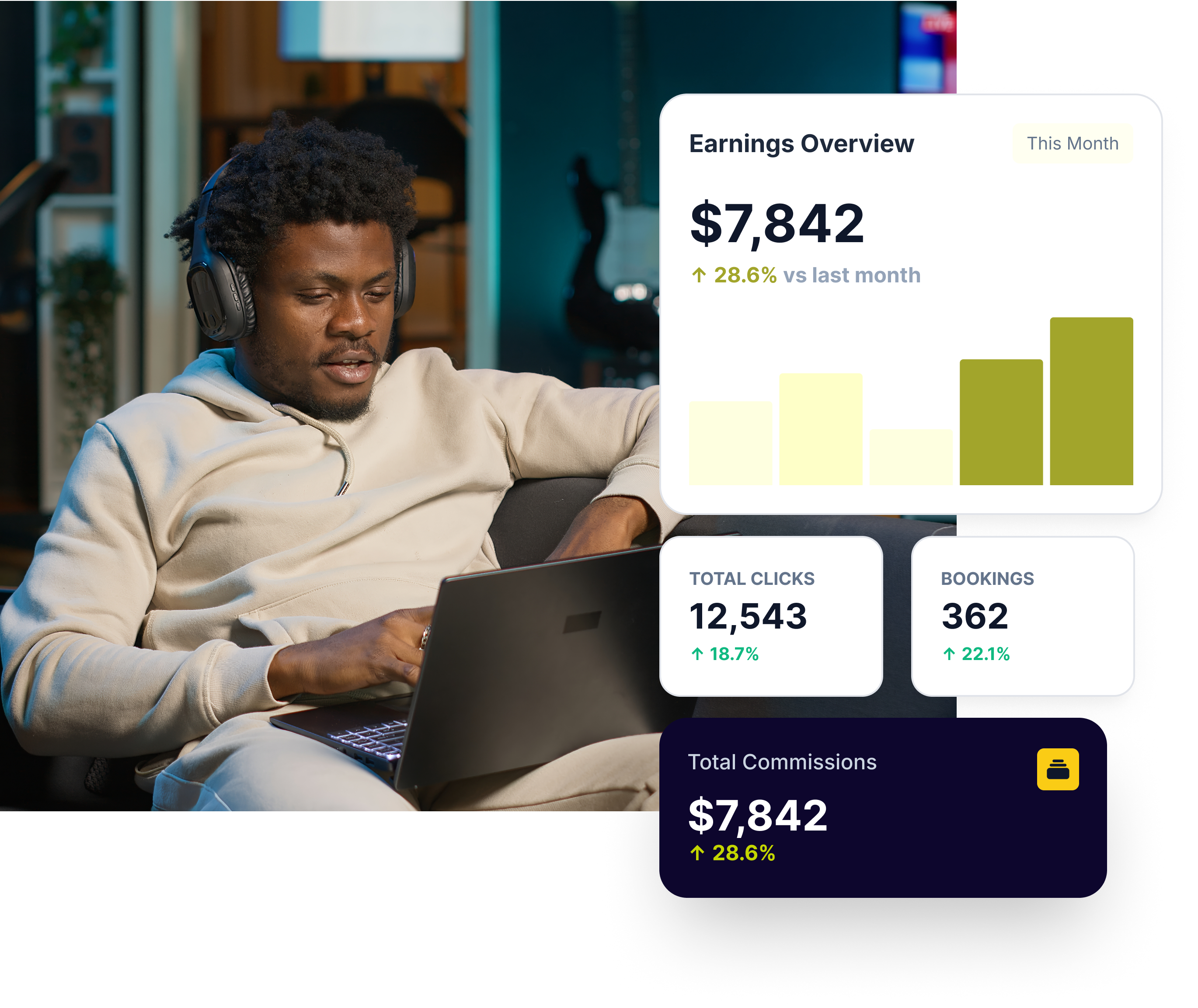Spacedorf affiliate earning commissions from a laptop with an earnings dashboard